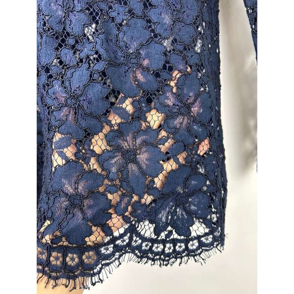 Sandro Paris Top Women's 1 Blue Lace Floral Long Sleeve Button Up Collar Sheer - Picture 14 of 16